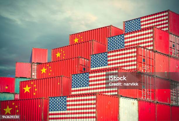 Cargo Containers With Chinese And United States Flag Stock Photo - Download Image Now