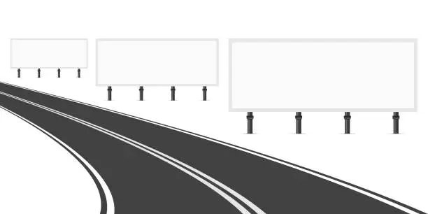 Vector illustration of Three Billboards Along the Road. Three Empty White Blank Billboards for Advertising. Bend Road with Markings. Vector Art
