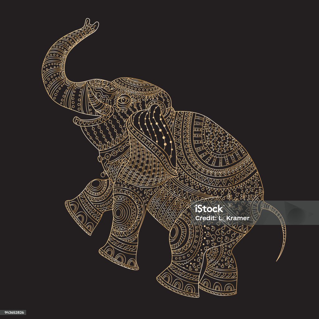 Vector decorative fantasy stylized ornate elephant silhouette. Zen tangle hand drawn doodle sketch. Golden contour thin line, ethnic ornaments, black background.T-shirt print. Batik paint. Album cover Line Art stock vector