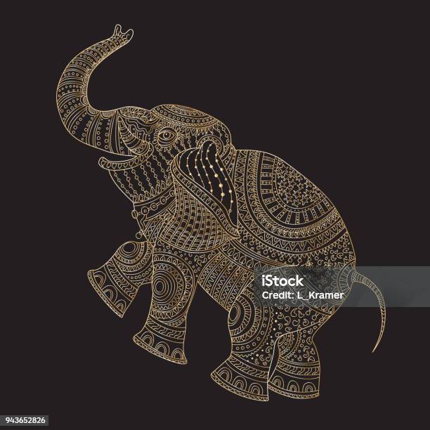 Vector Decorative Fantasy Stylized Ornate Elephant Silhouette Zen Tangle Hand Drawn Doodle Sketch Golden Contour Thin Line Ethnic Ornaments Black Backgroundtshirt Print Batik Paint Album Cover Stock Illustration - Download Image Now