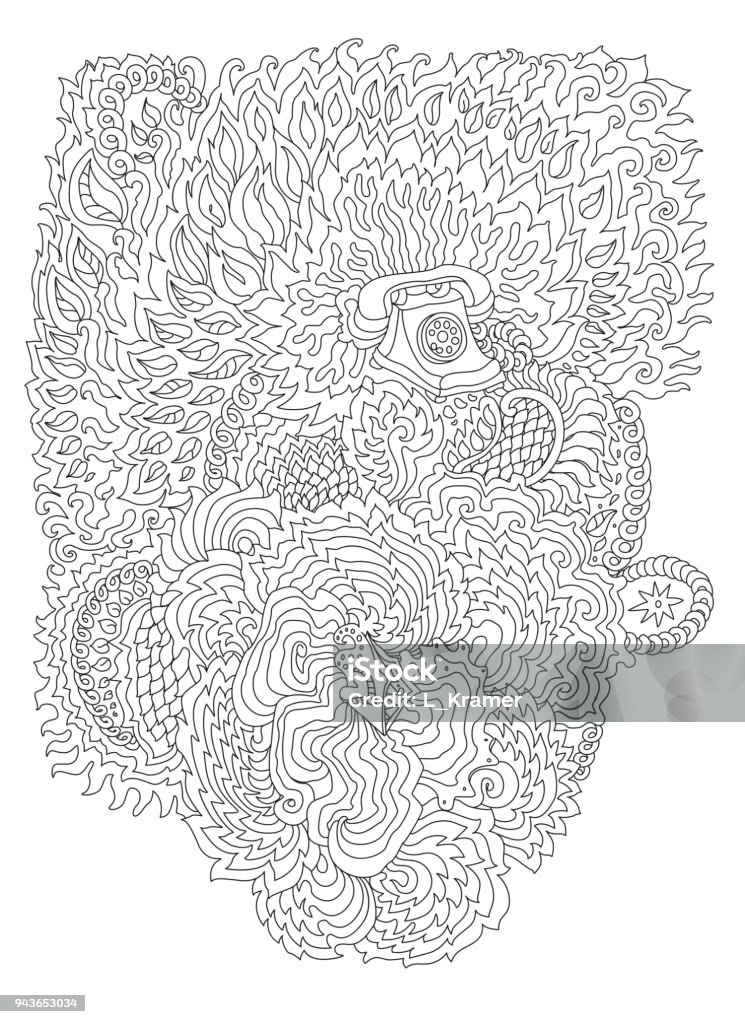 Vector decorative fantasy stylized retro telephone silhouette. Zen-like hand drawn doodle sketch. Contour thin line, floral ornaments, black and white.T-shirt print. Adults coloring book vertical page Adult stock vector