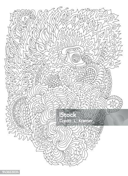 Vector Decorative Fantasy Stylized Retro Telephone Silhouette Zenlike Hand Drawn Doodle Sketch Contour Thin Line Floral Ornaments Black And Whitetshirt Print Adults Coloring Book Vertical Page Stock Illustration - Download Image Now