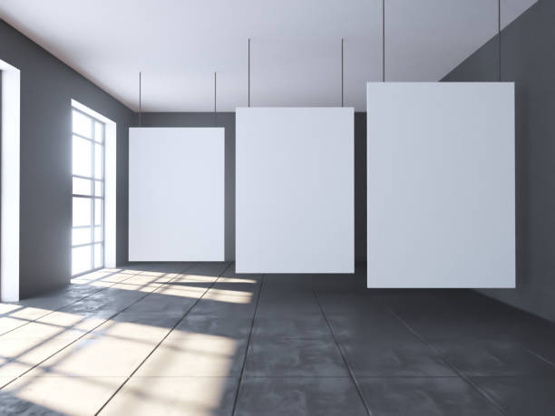 istock Bright concrete room with empty poster. Gallery, exhibition, advertising concept. Mock up, 3D illustration 943656152