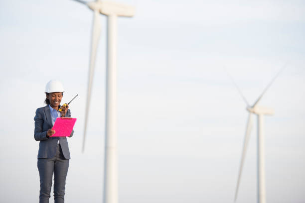 istock Wind energy engineer woman working at wind farm. 943659686
