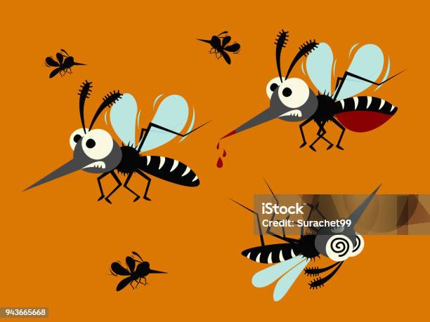 Mosquito Set Isolated On Orange Background Stock Illustration - Download Image Now - Mosquito, Aedes Aegypti, Dengue Fever - Fever