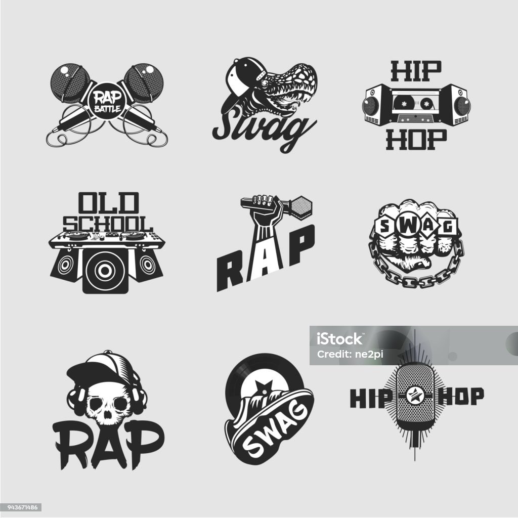 Hip-hop music signs set. Rap party collection of emblem. Old skull style. Rap party collection of emblem. Hip-hop music signs set. Old skull style. Logo stock vector