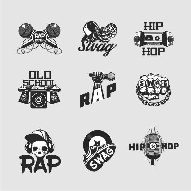 Hip-hop music signs set. Rap party collection of emblem. Old skull style. vector art illustration