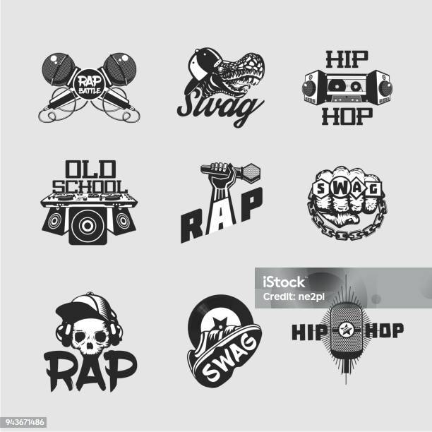 Hiphop Music Signs Set Rap Party Collection Of Emblem Old Skull Style Stock Illustration - Download Image Now