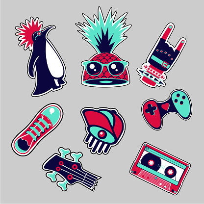 Bright bages collection. Youth style. Fashion patches set. Vintage vector illustration.