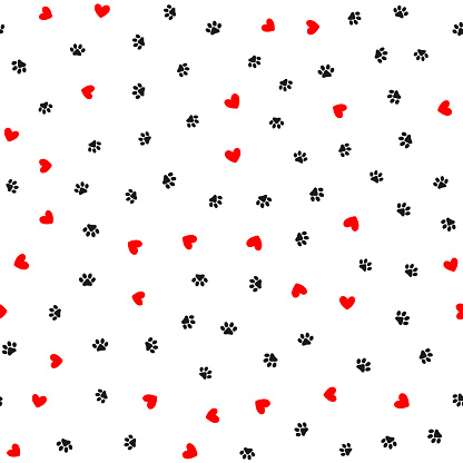 Repeated hearts and footprints of animal. Cute seamless pattern. Vector illustration.