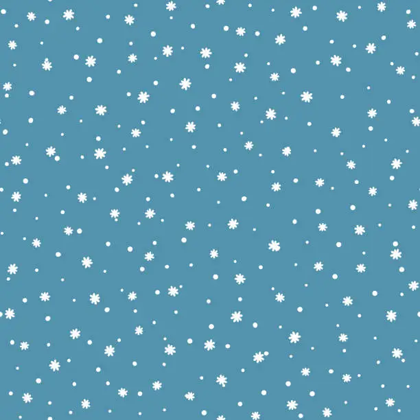 Vector illustration of New Year seamless pattern with white snowflakes on blue background. Endless Christmas print. Drawn by hand.