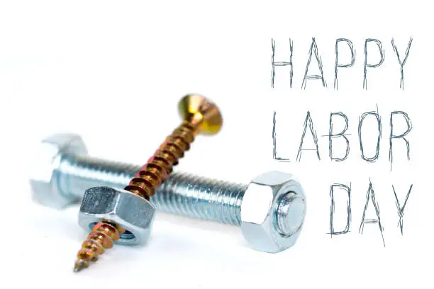 happy labor day, postcard with screw and bolt