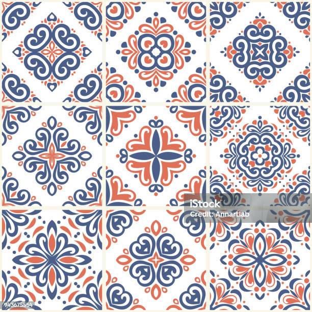 Blue And Orange Ornamental Azulejos Tiles Vintage Decorative Ornament Illustration Stock Illustration - Download Image Now