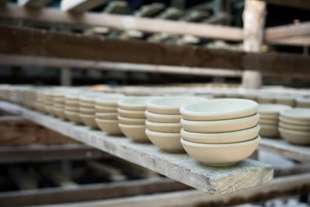 Close up clay pottery ceramic Products dry on shelf