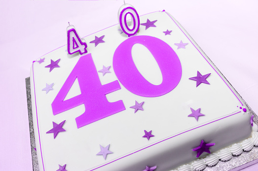 40th White Birthday Cake with Pink / Purple Decorations