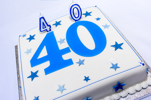 40th White Birthday Cake with Blue Decorations