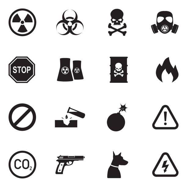 ilustraciones, imágenes clip art, dibujos animados e iconos de stock de iconos de peligro. diseño plano negro. ilustración de vector. - toxic substance danger warning sign fire