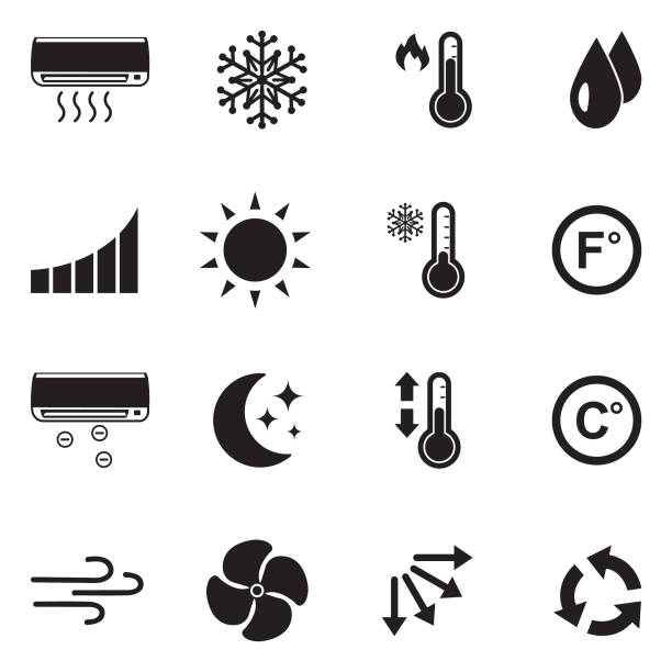 ilustraciones, imágenes clip art, dibujos animados e iconos de stock de iconos de aire acondicionado. diseño plano negro. ilustración de vector. - calor