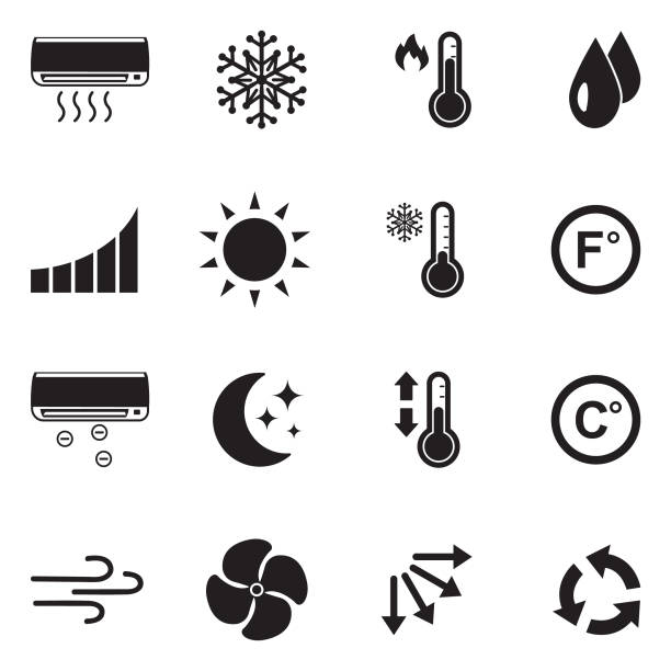 Air Conditioning Icons. Black Flat Design. Vector Illustration. Weather, Home, Cooling System, Cool. thermometer stock illustrations