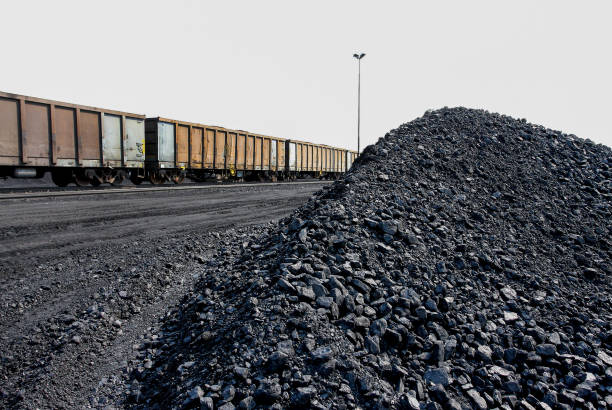 Coal Mining and processing in South Africa Piles of processed coal next to a rail siding waiting to be put on a train for transporting to a coastal port coal mine photos stock pictures, royalty-free photos & images