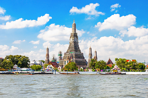 Scenic aerial view of buddhist temple and golden stupa surrounded by the jungles in Thailand