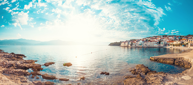 Panoramic scenery of a beautiful beach of town Postira - Croatia, Brac island