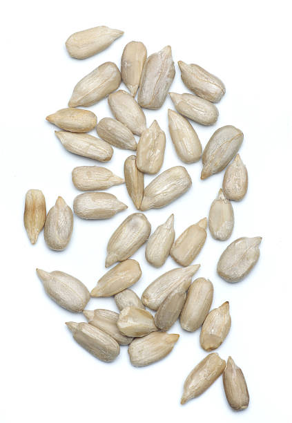Several sunflower seeds in a white background stock photo