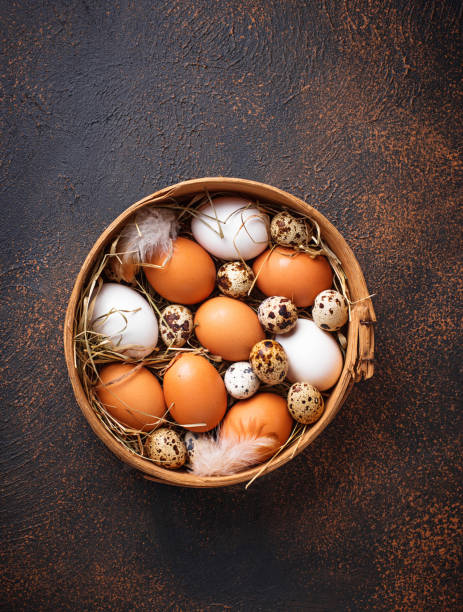 istock Fresh raw chicken and quail eggs in sieve 943700394