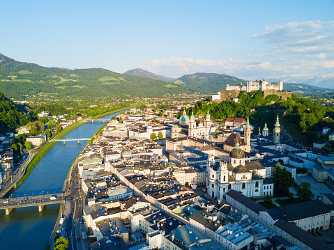 Salzburg city centre and Salzach river aerial panoramic view, Austria. Salzburg (literally \