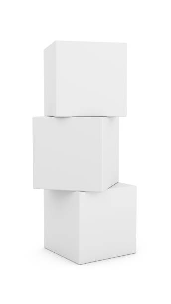 3d rendering stack of three white boxes on white background - stacking imagens e fotografias de stock