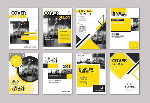Set of yellow cover annual report, brochure, design templates. Use for business magazine, flyer, presentation, portfolio, poster, corporate background.