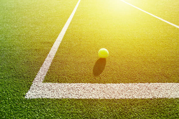 soft focus of tennis ball on tennis grass court good for background with sun light soft focus of tennis ball on tennis grass court good for background with sun light wimbledon stock pictures, royalty-free photos & images