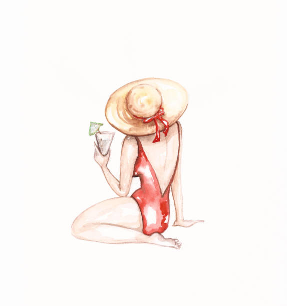 赤い水着と夏帽子とカクテルを飲む水彩婦人 - bikini sunbathing beach women点のイラスト素材／クリップアート素材／マンガ素材／アイコン素材