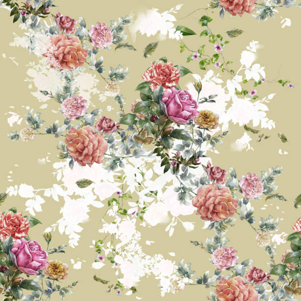 istock Watercolor painting of leaf and flowers, seamless pattern 943715986