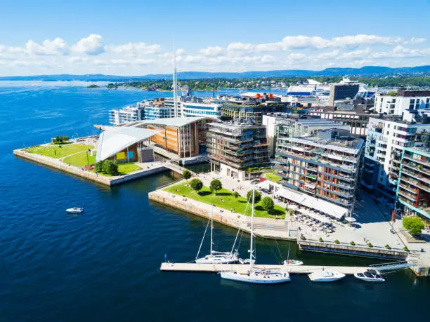 Oslo harbor or harbour at the Aker Brygge neighbourhood in Oslo. Oslo is the capital of Norway.