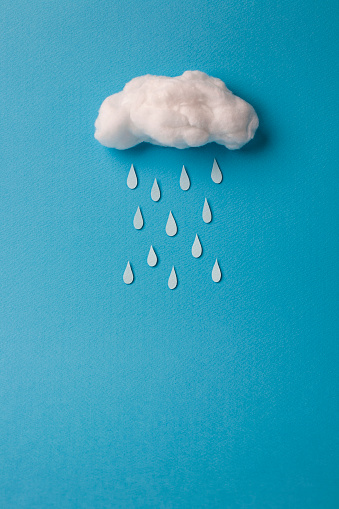 cotton cloud and raindrop on sky blue background.