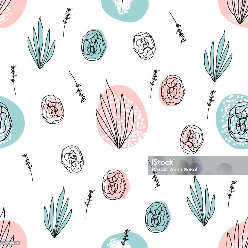 Abstract Hand Drawn floral doodle pattern Abstract Hand Drawn Floral doodle seamless pattern. Freehand flowers and leaves on grunge brush texture. Artistic unusual pastel print. Art background for textile, wrapping, wallpaper, invitation, Drawing - Activity stock vector