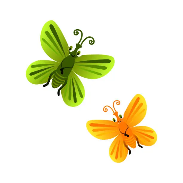 Vector illustration of Isolated green and orange cartoonbutterflies on white background. Frendly funny butterfly personage.