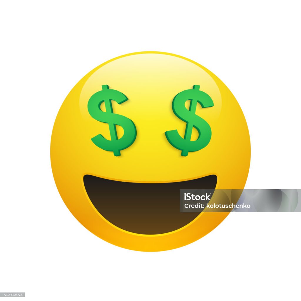 Emoji yellow smiley face with dollar symbol eyes Vector Emoji yellow smiley face with dollar symbol eyes and mouth on white background. Funny cartoon Emoji icon. 3D illustration for chat or message. Emoticon stock vector