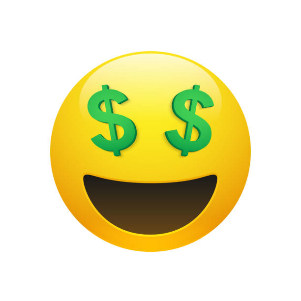 Emoji yellow smiley face with dollar symbol eyes Vector Emoji yellow smiley face with dollar symbol eyes and mouth on white background. Funny cartoon Emoji icon. 3D illustration for chat or message. bank financial building clipart stock illustrations