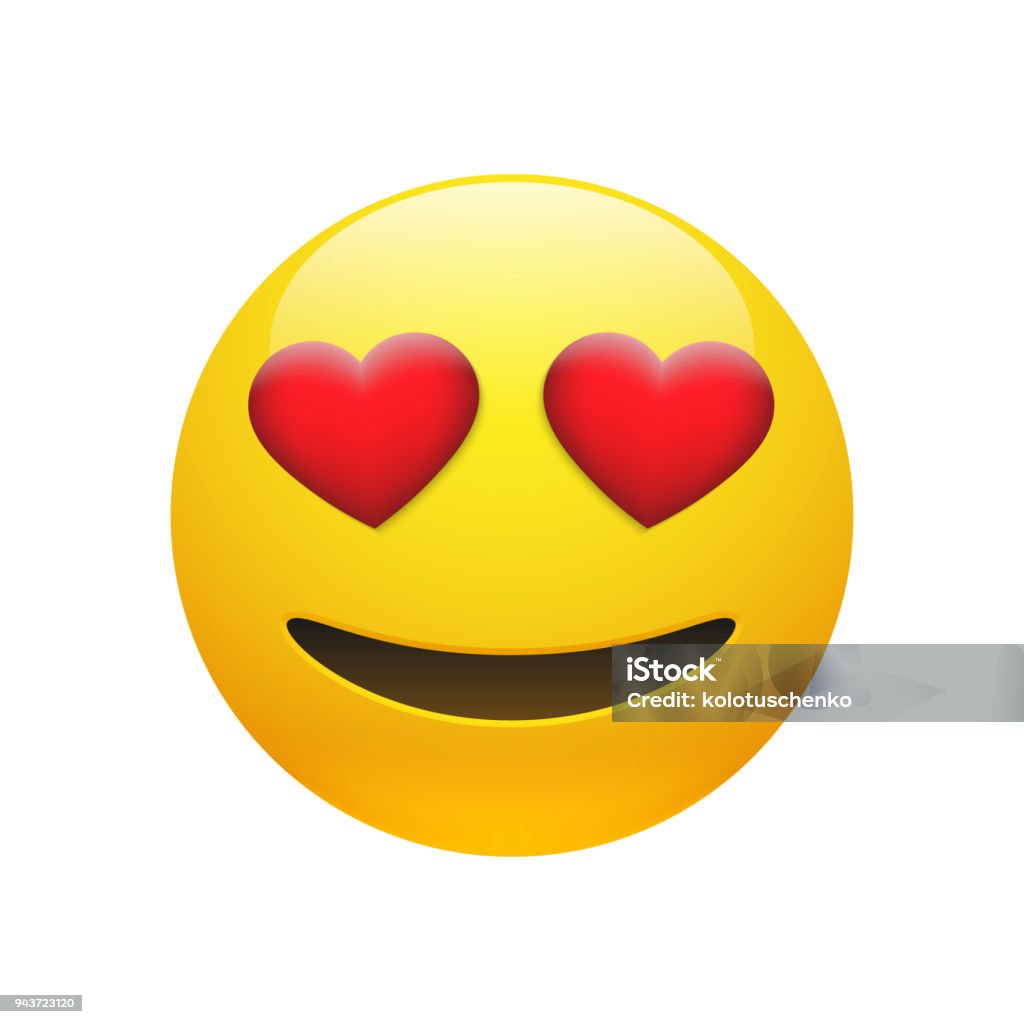 Vector Emoji yellow stupid smiley face Vector Emoji yellow stupid smiley face with red heart eyes and mouth on white background. Funny cartoon Emoji icon. 3D illustration for chat or message. Emoticon stock vector