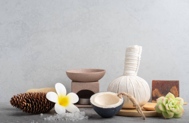 istock Aromatherapy  product  Spa set massage with concrete  background. top view,flat lay composition. 943723346