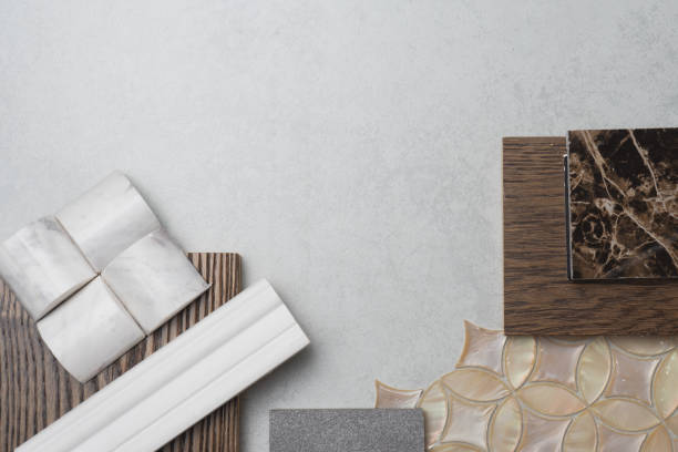 istock samples of material, wood , on concrete table.Interior design select material for idea. 943723482