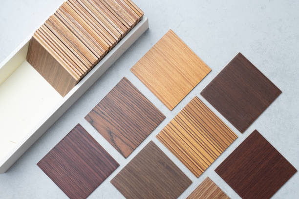 istock samples of material, wood , on concrete table.Interior design select material for idea. 943723486