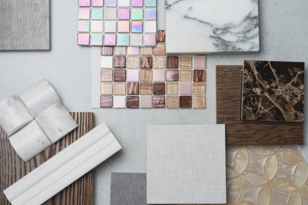 istock samples of material, wood , on concrete table.Interior design select material for idea. 943723526