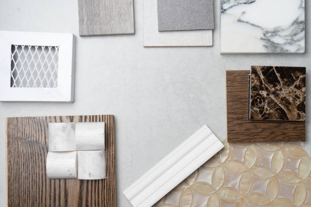 istock samples of material, wood , on concrete table.Interior design select material for idea. 943723558