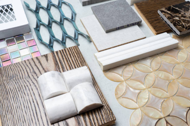 istock samples of material, wood , on concrete table.Interior design select material for idea. 943723576