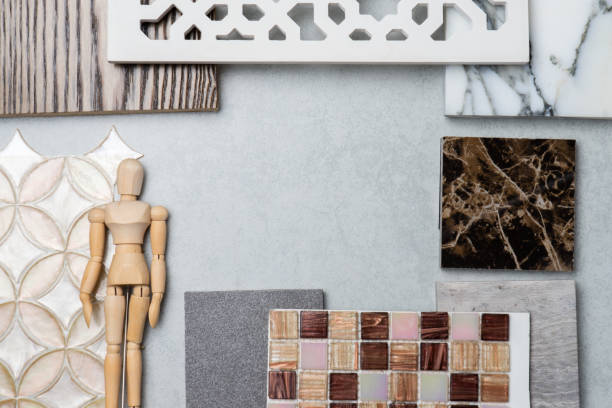 istock samples of material, wood , on concrete table.Interior design select material for idea. 943723648