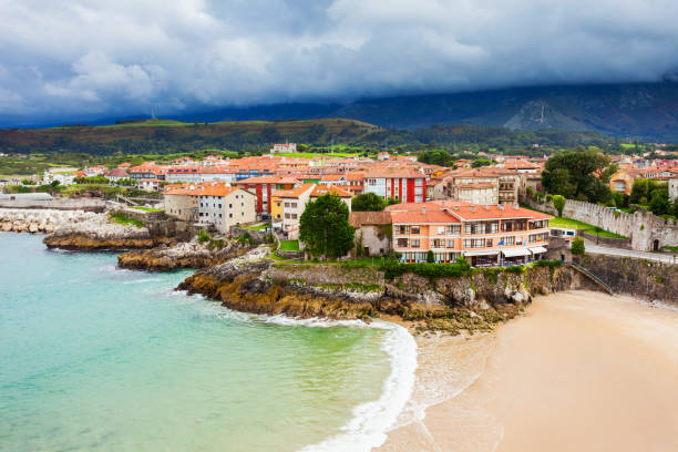 Llanes beach aerial view, Spain Llanes beach aerial view. Llanes is a municipality of the Asturias province in northern Spain. cantabria photos stock pictures, royalty-free photos & images