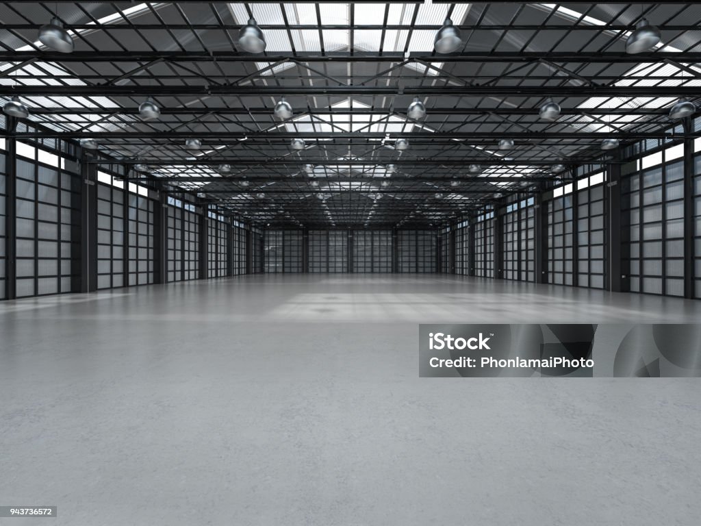 empty factory interior 3d rendering empty factory interior with pendant lamps Warehouse Stock Photo